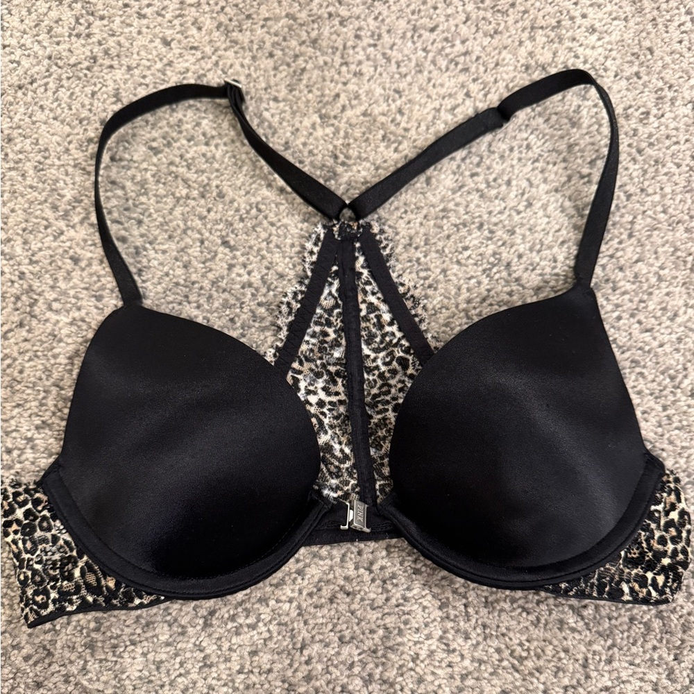 PINK by Victoria's Secret Black and Animal Print Push Up Racerback Bra 32A